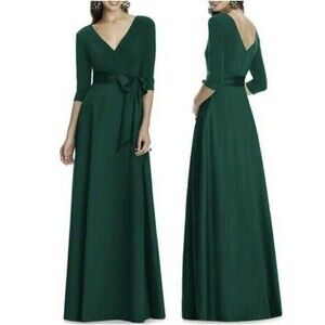 Alfred Sung V-Neck 3/4 Sleeve Jersey Mikado Belted Gown 0 Hunter Dress NWT B66